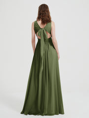Dos Ouvert Mousseline Robes Avec Col En V Olive Verte Grande Taille