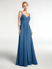 Robe de Demoiselle d'Honneur Longue en Mousseline avec Doubles Bretelles Bleu Encre