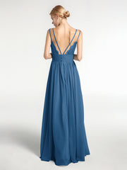 Robe de Demoiselle d'Honneur Longue en Mousseline avec Doubles Bretelles Bleu Encre