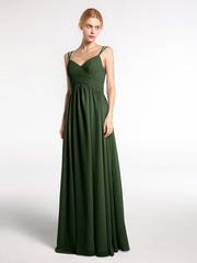 Robe de Demoiselle d'Honneur Longue en Mousseline avec Doubles Bretelles Olive Verte