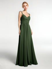 Robe de Demoiselle d'Honneur Longue en Mousseline avec Doubles Bretelles Olive Verte