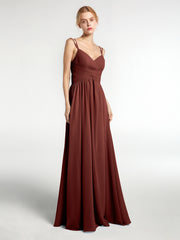 Robe de Demoiselle d'Honneur Longue en Mousseline avec Doubles Bretelles terracotta Grande Taille