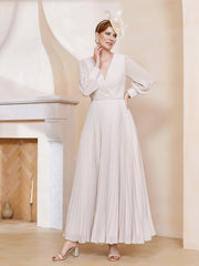 Robe de A-ligne en Mousseline avec Manches Longues à col en V Ivoire Grande Taille