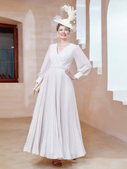 Robe de A-ligne en Mousseline avec Manches Longues à col en V Ivoire