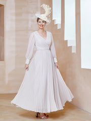 Robe de A-ligne en Mousseline avec Manches Longues à col en V Ivoire Grande Taille