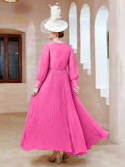 Robe de A-ligne en Mousseline avec Manches Longues à col en V Azalée Grande Taille