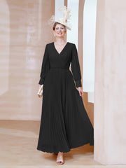 Robe de A-ligne en Mousseline avec Manches Longues à col en V Noir