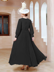 Robe de A-ligne en Mousseline avec Manches Longues à col en V Noir