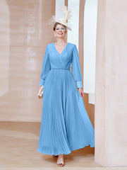 Robe de A-ligne en Mousseline avec Manches Longues à col en V Bleu Grande Taille