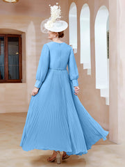 Robe de A-ligne en Mousseline avec Manches Longues à col en V Bleu