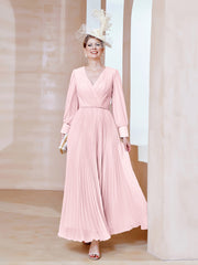 Robe de A-ligne en Mousseline avec Manches Longues à col en V Rose Pâle Grande Taille