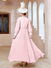 Robe de A-ligne en Mousseline avec Manches Longues à col en V Rose Pâle