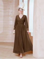 Robe de A-ligne en Mousseline avec Manches Longues à col en V Brun Grande Taille