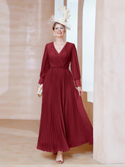 Robe de A-ligne en Mousseline avec Manches Longues à col en V Bordeaux Grande Taille