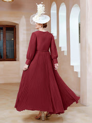 Robe de A-ligne en Mousseline avec Manches Longues à col en V Bordeaux Grande Taille