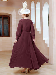 Robe de A-ligne en Mousseline avec Manches Longues à col en V Cabernet