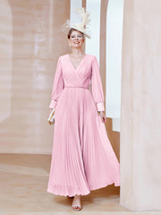 Robe de A-ligne en Mousseline avec Manches Longues à col en V Rose Bonbon Grande Taille
