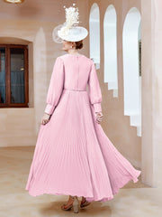 Robe de A-ligne en Mousseline avec Manches Longues à col en V Rose Bonbon Grande Taille