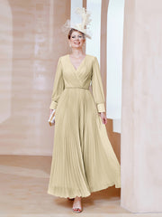 Robe de A-ligne en Mousseline avec Manches Longues à col en V Champagne Grande Taille