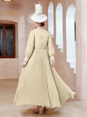 Robe de A-ligne en Mousseline avec Manches Longues à col en V Champagne Grande Taille