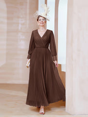 Robe de A-ligne en Mousseline avec Manches Longues à col en V Chocolat Grande Taille