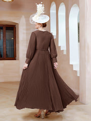 Robe de A-ligne en Mousseline avec Manches Longues à col en V Chocolat Grande Taille