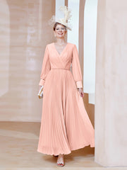 Robe de A-ligne en Mousseline avec Manches Longues à col en V Corail