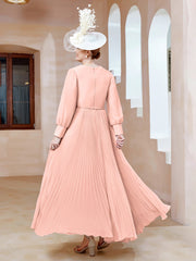 Robe de A-ligne en Mousseline avec Manches Longues à col en V Corail Grande Taille