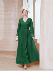 Robe de A-ligne en Mousseline avec Manches Longues à col en V Vert Foncé Grande Taille