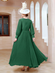 Robe de A-ligne en Mousseline avec Manches Longues à col en V Vert Foncé Grande Taille