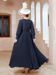 Robe de A-ligne en Mousseline avec Manches Longues à col en V Bleu Marine Grande Taille