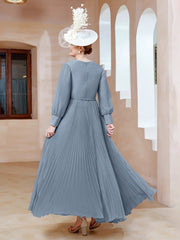 Robe de A-ligne en Mousseline avec Manches Longues à col en V Bleu Poudré