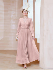 Robe de A-ligne en Mousseline avec Manches Longues à col en V Rose Poudré Grande Taille