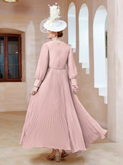 Robe de A-ligne en Mousseline avec Manches Longues à col en V Rose Poudré