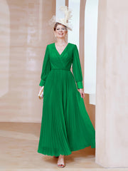 Robe de A-ligne en Mousseline avec Manches Longues à col en V Emeraude Grande Taille