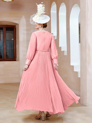 Robe de A-ligne en Mousseline avec Manches Longues à col en V Flamant Grande Taille