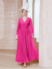 Robe de A-ligne en Mousseline avec Manches Longues à col en V Fuchsia