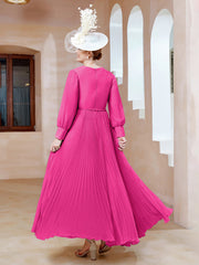 Robe de A-ligne en Mousseline avec Manches Longues à col en V Fuchsia