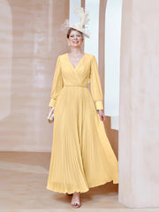 Robe de A-ligne en Mousseline avec Manches Longues à col en V Or