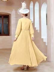Robe de A-ligne en Mousseline avec Manches Longues à col en V Or Grande Taille