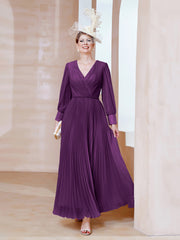 Robe de A-ligne en Mousseline avec Manches Longues à col en V Raisin Grande Taille