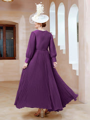 Robe de A-ligne en Mousseline avec Manches Longues à col en V Raisin Grande Taille
