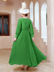 Robe de A-ligne en Mousseline avec Manches Longues à col en V Vert Grande Taille
