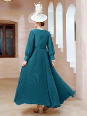 Robe de A-ligne en Mousseline avec Manches Longues à col en V Bleu Encre