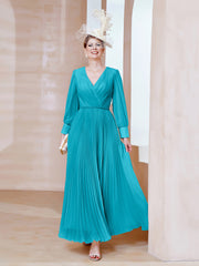 Robe de A-ligne en Mousseline avec Manches Longues à col en V Jade