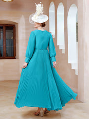 Robe de A-ligne en Mousseline avec Manches Longues à col en V Jade