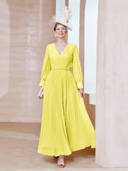 Robe de A-ligne en Mousseline avec Manches Longues à col en V Citron Grande Taille