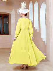 Robe de A-ligne en Mousseline avec Manches Longues à col en V Citron Grande Taille