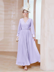 Robe de A-ligne en Mousseline avec Manches Longues à col en V Lilas