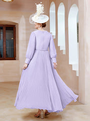 Robe de A-ligne en Mousseline avec Manches Longues à col en V Lilas